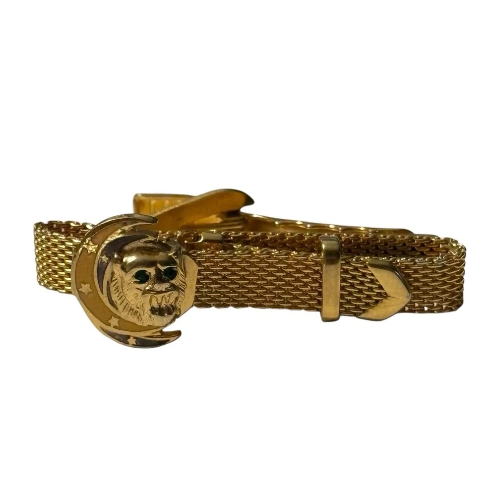 VTG Lion Moon Tie Clip Bar Mesh Wrap Around Celestial Gold Tone Green‎ Eyes MCM